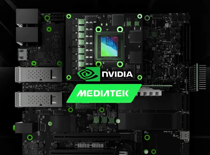 Kompiuterio plokštė su NVIDIA ir MediaTek logotipais, pabrėžianti technologinę partnerystę.