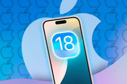 Išmanusis telefonas su iOS 18.2 piktograma, Apple logotipai fone, mėlyni atspalviai.